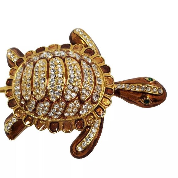 Vintage Large Sea Turtle Pin Gold tone Enamel Rhinestones Brooch - Picture 2 of 12